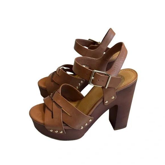 Gianni Bini Brown Leather Wood Platform Sandals, Sz 7 - Picture 5 of 13